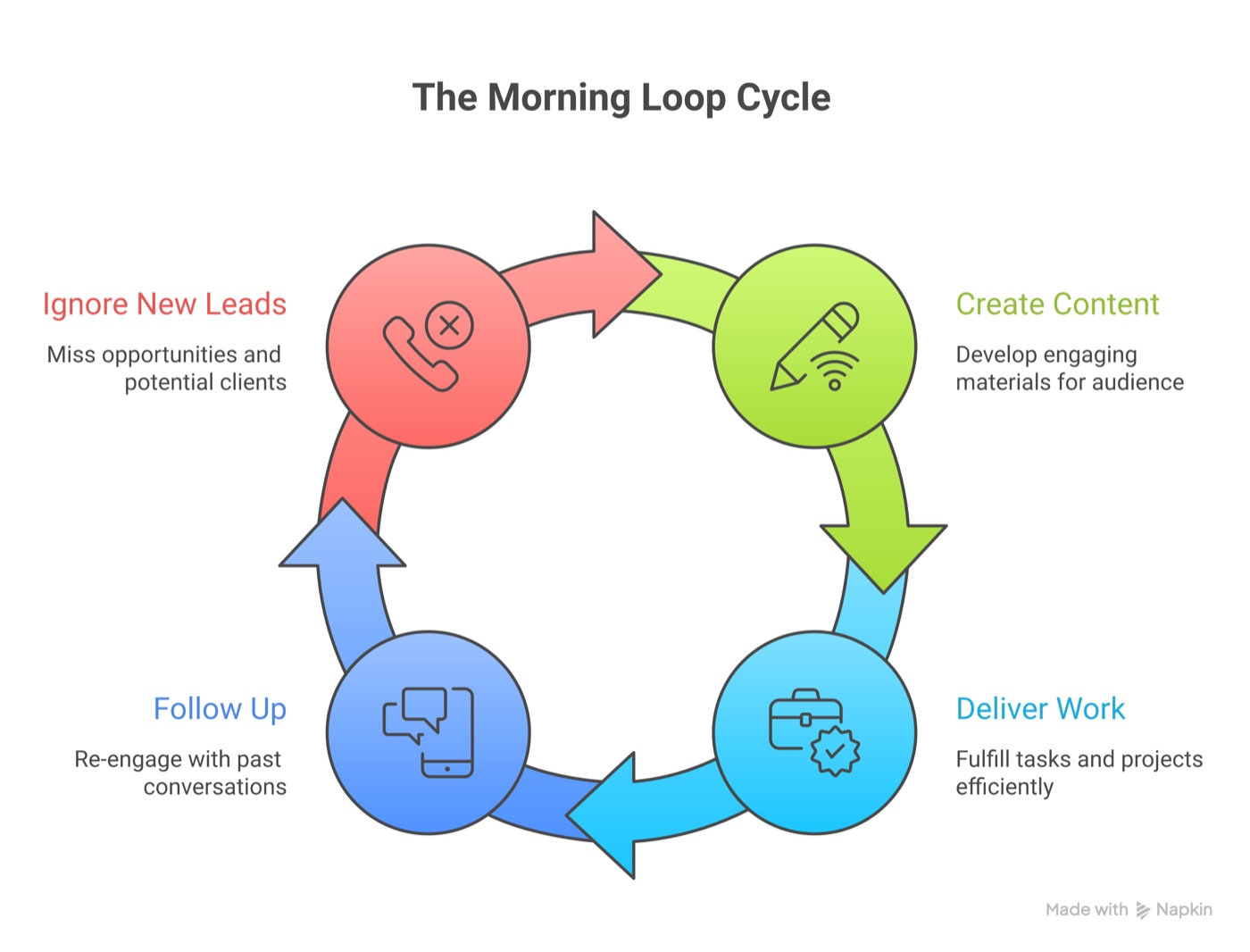 The Morning Loop: create content, deliver work, follow up, ignore new leads, repeat