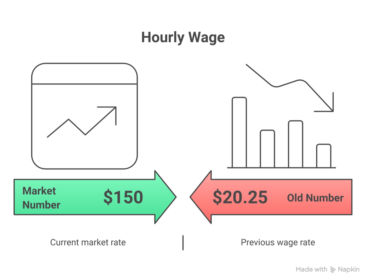 Hourly wage comparison: the market number 150 dollars versus the old number 20.25